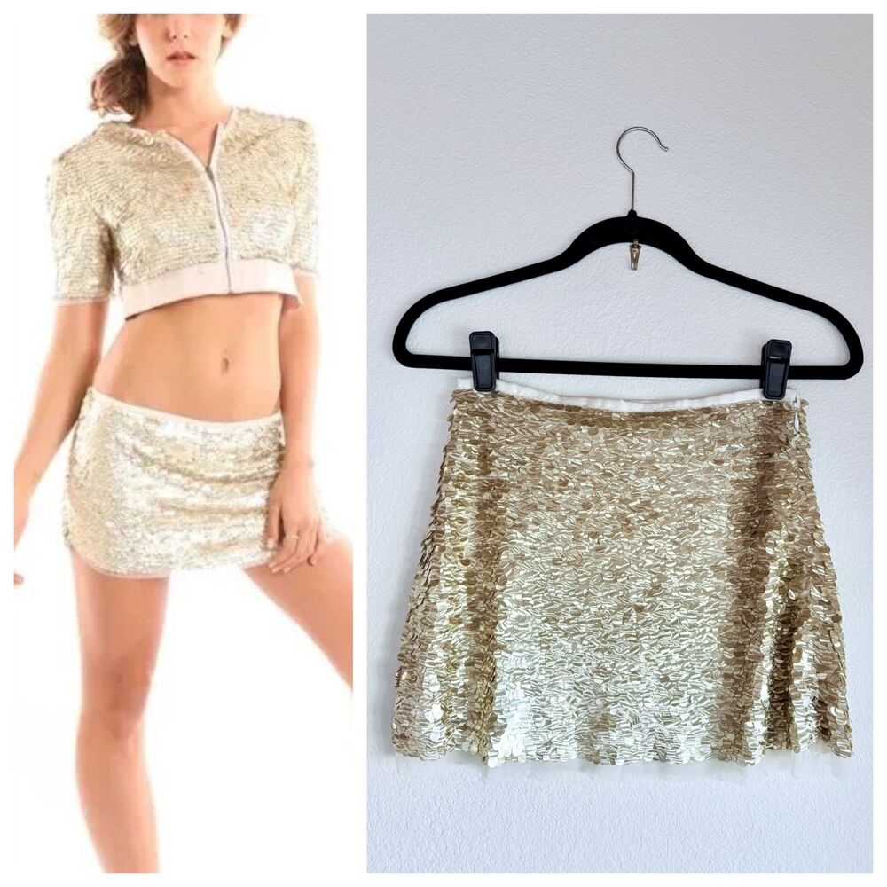 NWT Monique Leshman Women's Sequined Chiffon Mini Skirt in Gold & Ivory Size S